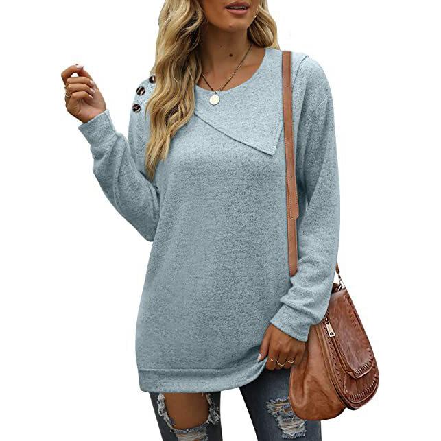 Women Plus Size Pullover Double Layer Round Neck Button Long Sleeve Sweatshirt  Loose Casual Solid T-shirt