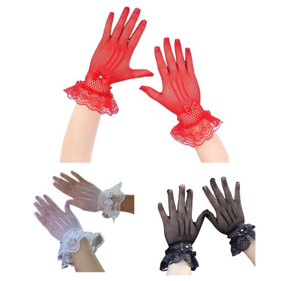 1 par ballhansker for kvinner Gjennomsiktig blonderbue Faux Pearl Dekor Hollow Out Fishnet volangkant Tynn Helfinger Forestillinger Brude Bryllupshansker