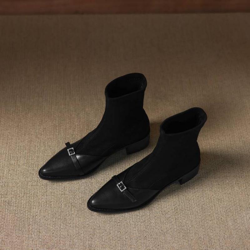 Autumn and Winter Elastic Suede Martin Boots Sleeve Solid Color Large Size Women's Boots New Middle Heel Pointed Soft Sole Medium Boots