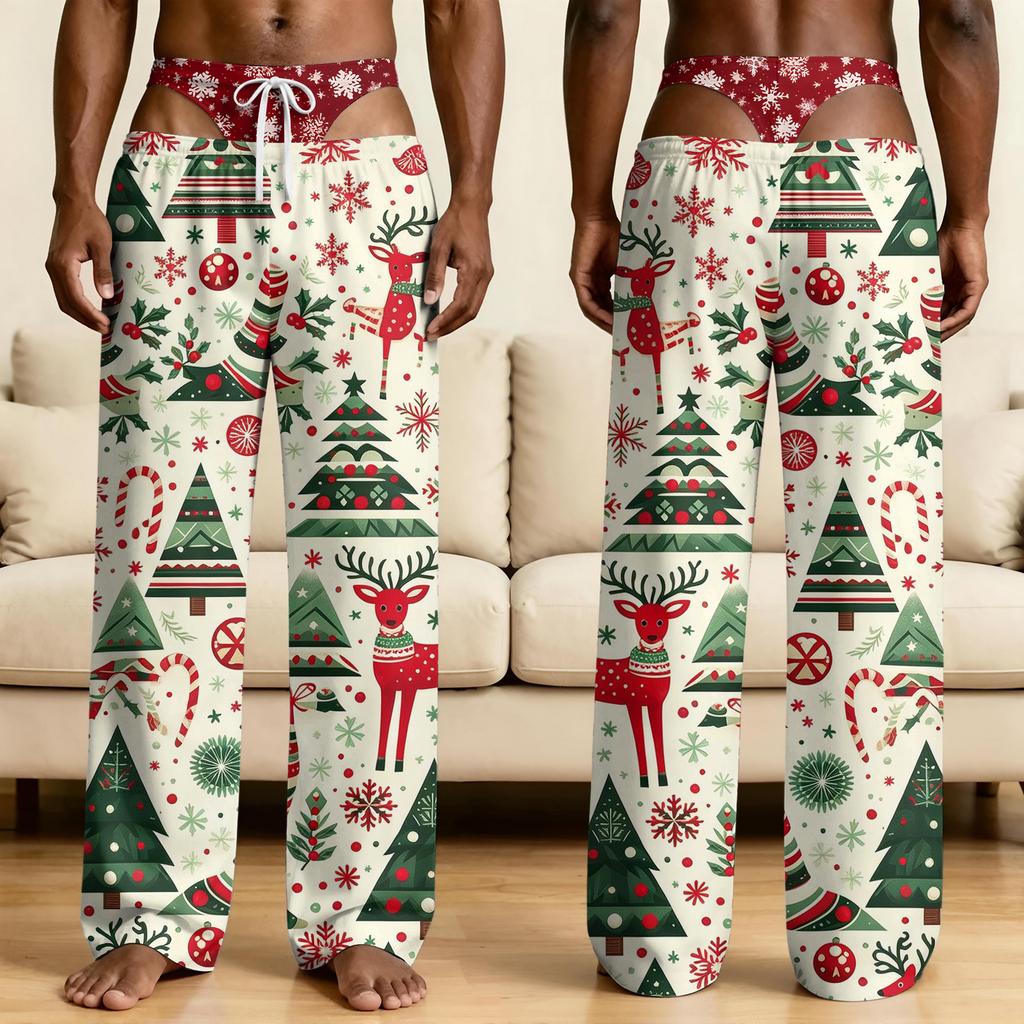 Men's Funny Novelty Pajama Pants with Fake Underwear Print - Halloween Sleepwear