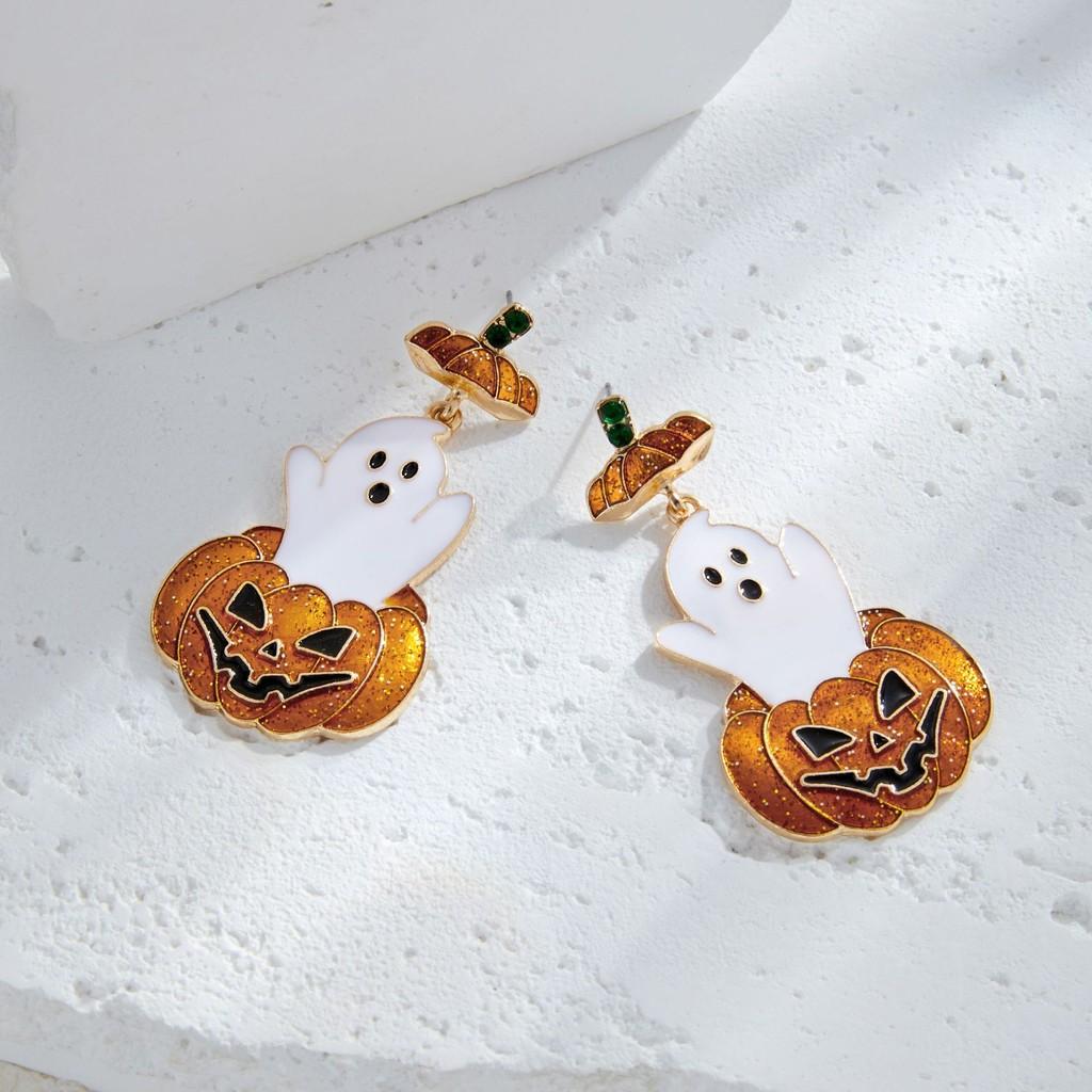 Chic Ghostly Pumpkin Earrings With Intricate Rhinestone Detailing Ideal For Fashionistas Halloween