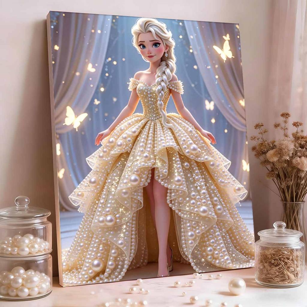 Golden Gown Butterfly Elsa New Pearl-Inlaid Frameless Art | Handmade Pearl Craft, Sheer Curtain Starry Butterfly Theme, for Elegant Romantic Decor