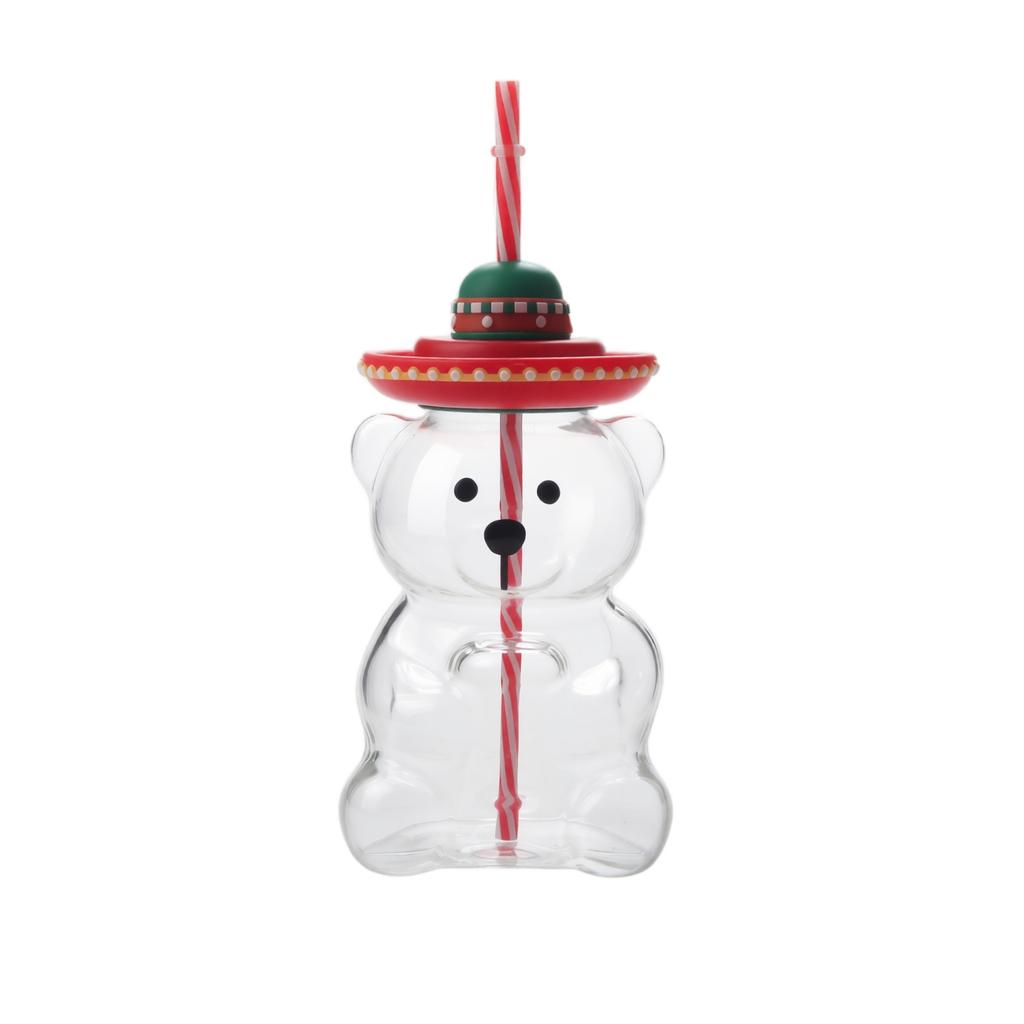 Borosilicate Glass Straw Cup with Lid and Straw, 500ml - Cute Hat-Wearing Bear Design for Coffee, Tea