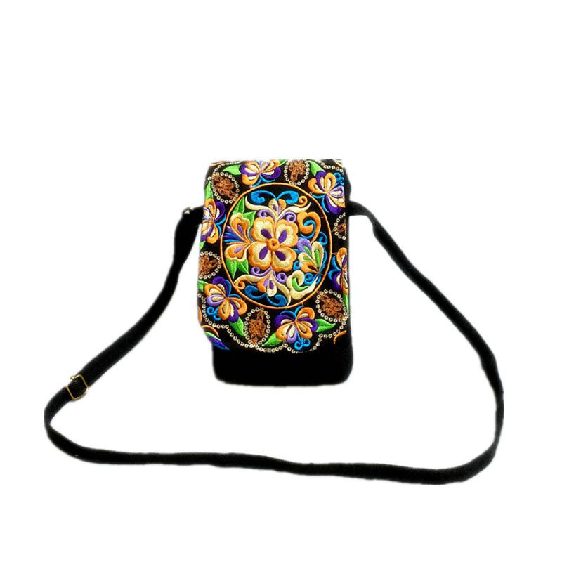 2025 New Ethnic Embroidered Canvas Crossbody Bag Embroidered Two-Layer Mobile Phone Bag Coin Purse