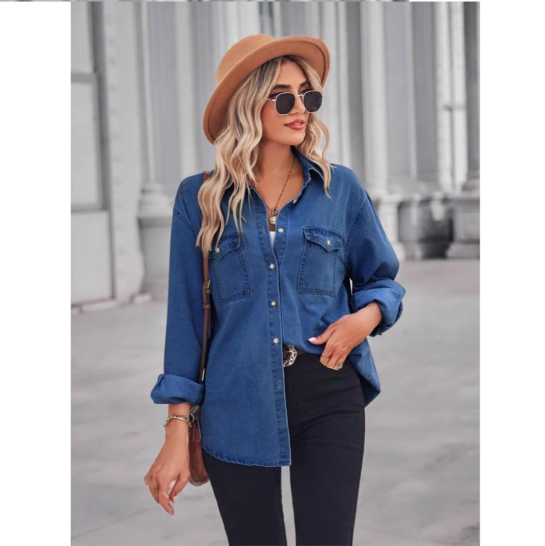 

Женская приталенная джинсовая рубашка светлого цвета с длинными рукавами, женский топ с лацканами XS синий