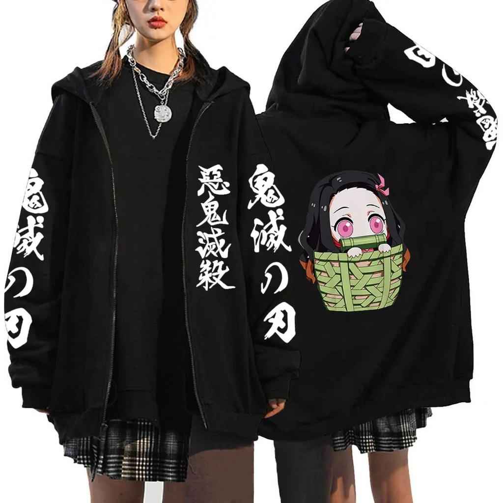 Women's Oversized Zipper Shirt Harajuku Japanese Anime Cartoon Demon Slayer Printed Jacket Spring Warm Long Sleeve Top