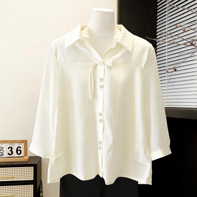 

2026 Fashion: New Chinese Style Chiffon Blouse for Moms - Mid-Sleeve Loose Fit for Middle-Aged & Elderly Women L (recommended for 110-125 jin) белый