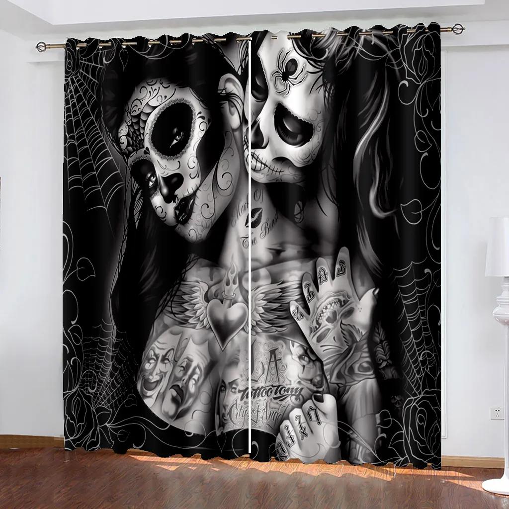 

3D Череп Скелет и Роза Узор 2 шт. Занавеска для окна, подходящая для гостиной, отеля, ванной комнаты и домашнего декора Крючок Small W50H60(CM)x2&Grommet Top