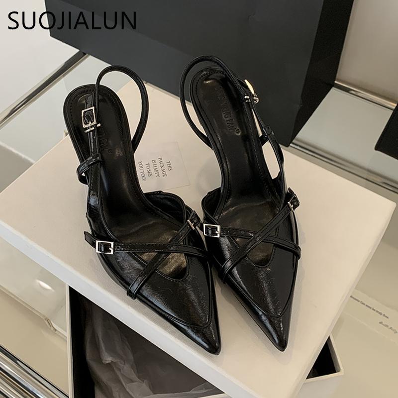 Fashion SUOJIALUN New Brand Women Sandal Shoes Fashion Pointed Toe Shallow Slip On Slingback Shoes Thin High Heel Outdoor Dress Pumps