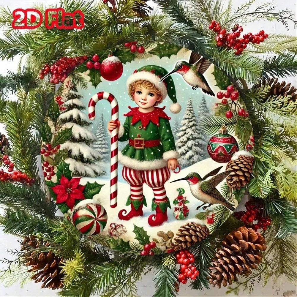 

Christmas Metal Ornament Elf Hummingbird 2D HD Printed Iron Garden Yard Art Outdoor Patio Sign Decor 20x20 різнокольоровий