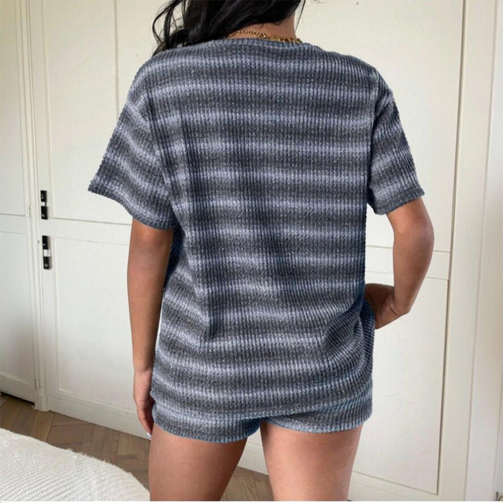 Womens Casual Two Piece Set Short Sleeve Top and Shorts Knitted Lounge Wear Soft Fabric Comfortable Fit