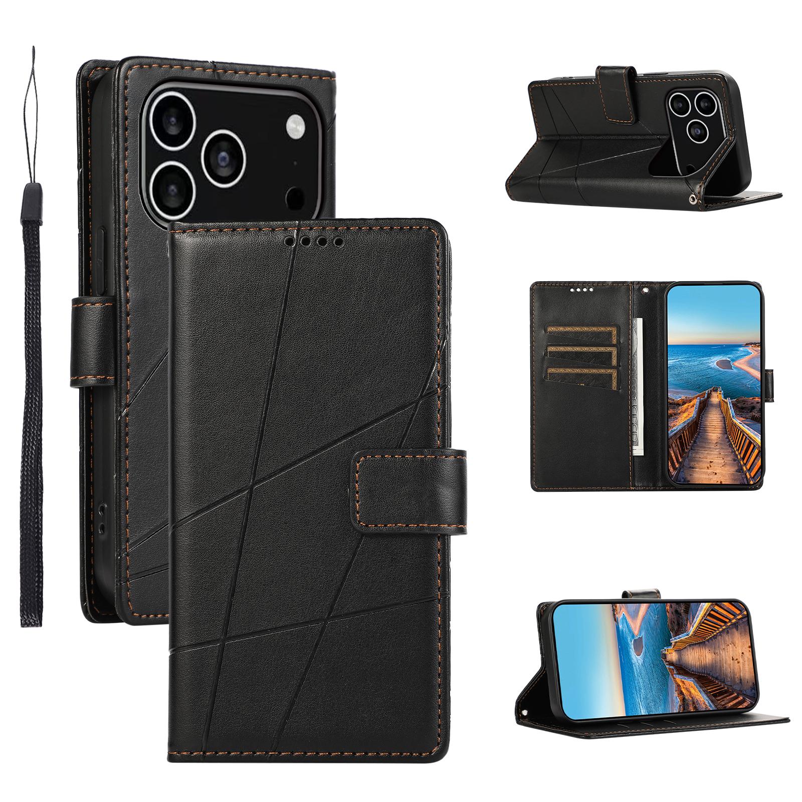 

For iPhone 17 Pro Phone Case Line Imprint Leather Wallet Cover with Wrist Strap Black