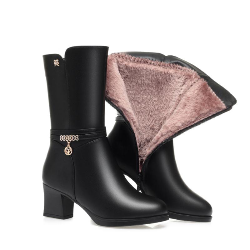 Women's Winter Long Boots Soft Leather Female Mid-Calf Boots Warm High-heeled Fur Shoes Women Trend Riding Boots Women
