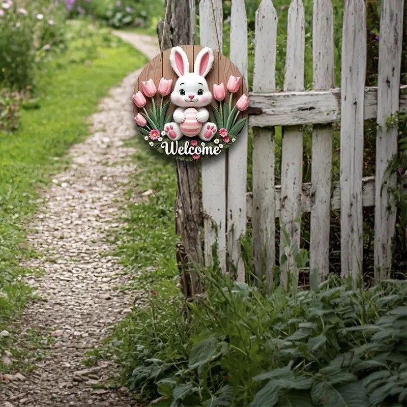Cute Tulip Rabbit Wooden Hanging Sign, Aesthetic Room Decor for Door, Living Room & Bedroom, Sweet Pastoral Style Wall Plaque