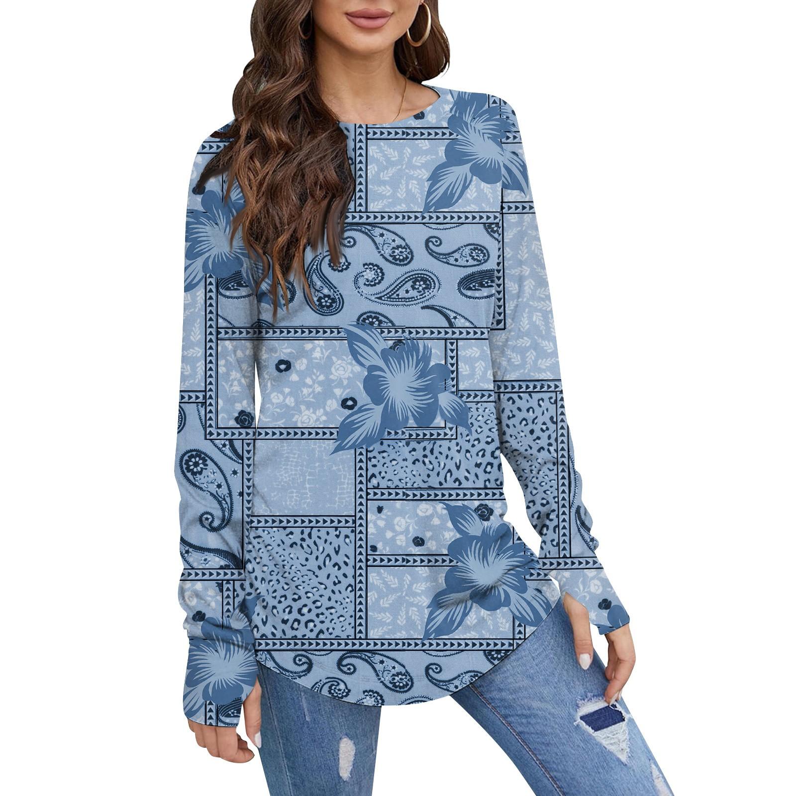 

Женская свободная футболка с круглым вырезом и длинными рукавами средней длины с принтом, топ с дырявым большим пальцем L синий