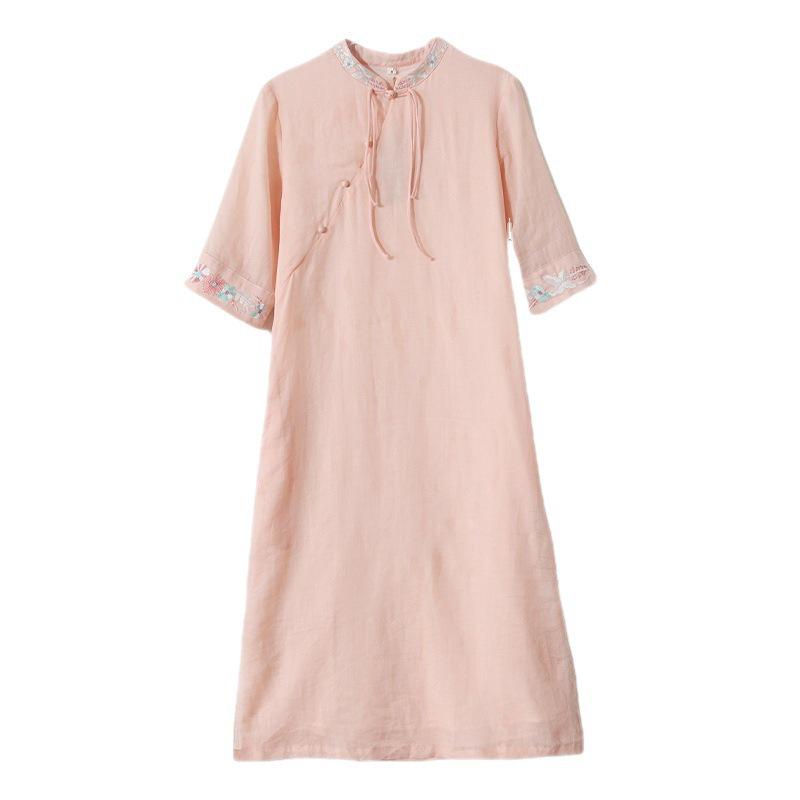 Elegant Mid-Length Embroidered Qipao with Cotton Linen and Frog Buttons