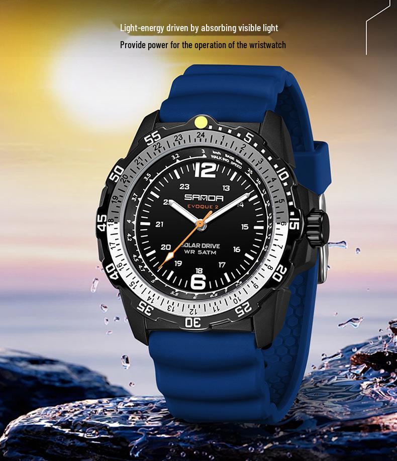 SANDA Solar-Powered Sports Watch: Durable, Waterproof with Long Battery Life and Luminous Quartz Design.