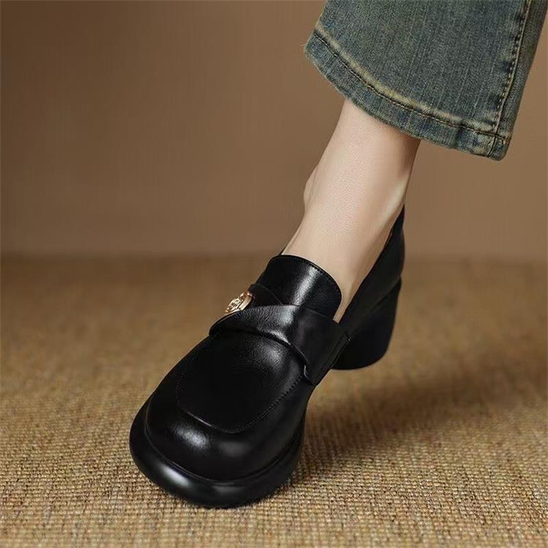 Thick Heel Single Shoes Spring and Autumn British Style Soft Leather High Heel Platform Retro Brown Small Leather Shoes