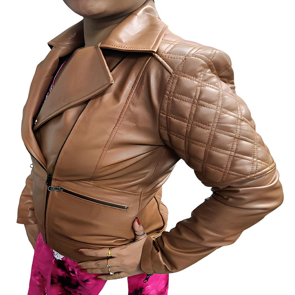 NOORA Womens  Brick Tan Colour Jacket | Cross Quilted Leather Jacket With Pocket & Multi Zip | Stylish Fashion Jacket | Biker Jacket | Western Style .