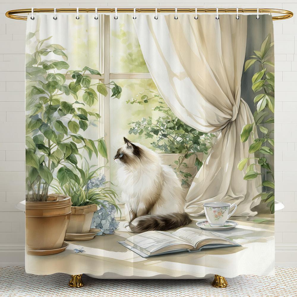 1 Piece Cute Cat in Hammock in the Garden Shower Curtain, Bathroom Curtain with Hooks,Printed Polyester Home Decorative Curtain