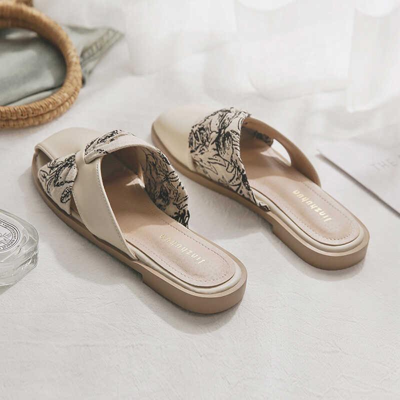 Fashion Evening Wind Gentle Heeless Lazy Sandals One Pedal Flat Bottom French Temperament Baotou Half Slippers Female Summer