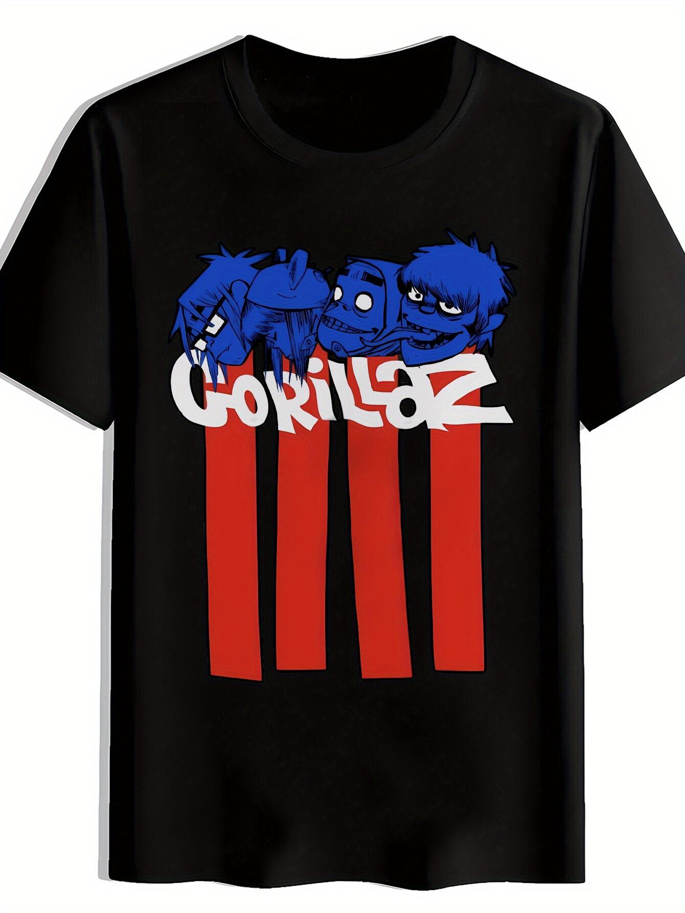 T-shirt Blue Cartoon Character Head with Red Vertical Stripe Print L