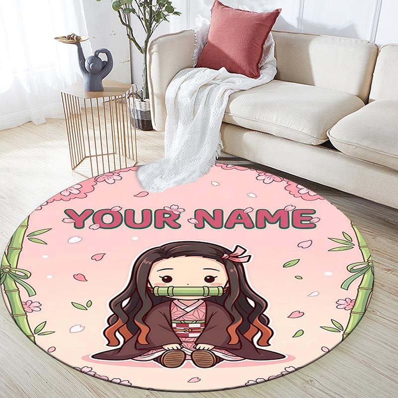 Custom Name,Nezuko Kamado pattern round rug,Carpet Rug for Living Room Bedroom Playroom ,Non-slip Floor Mat,Holiday Gifts and Birthday Gifts.