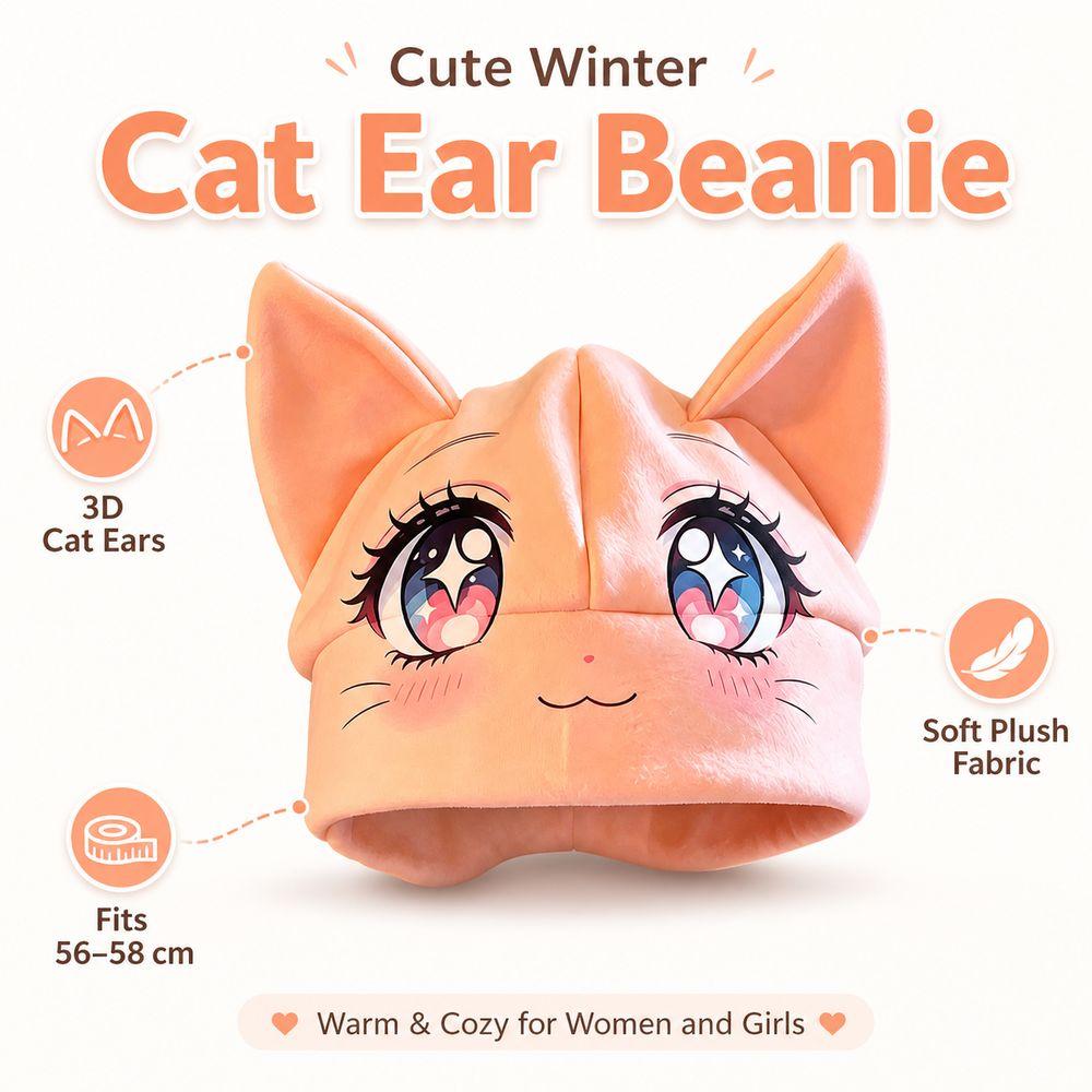 Foldover Cuff Cat Ear Beanie Hat Cartoon Animal Face Winter Skull Cap Cuffed Beanie  Daily Outfits