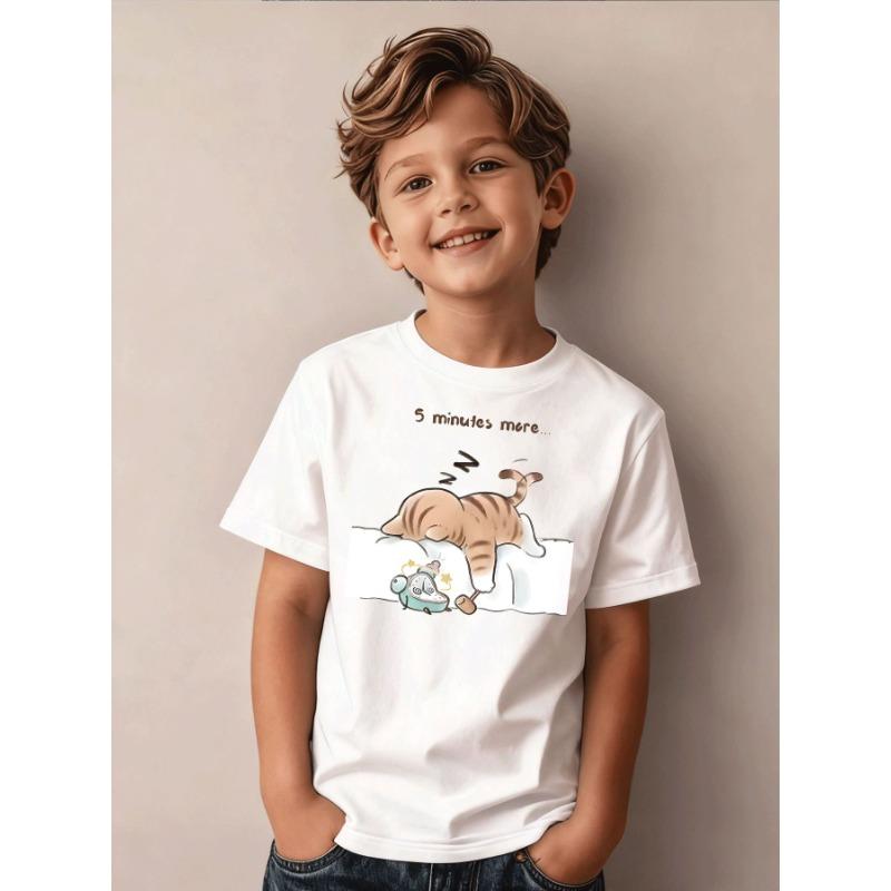 

European Size Boys Round-neck Short-sleeved T-shirt with Cartoon Cat Sleeping Pattern Print 164cm