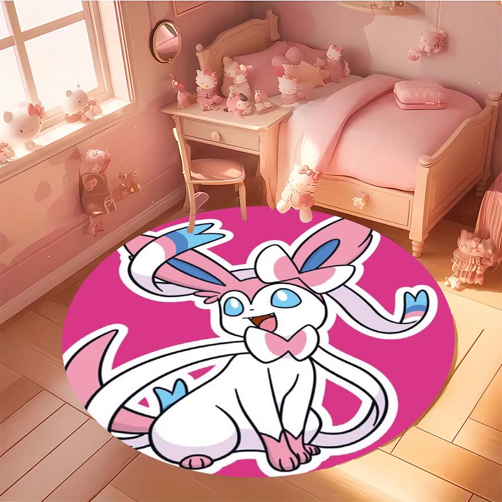 

Cute Pink Sylveon Round Area Rug Anime Eevee Family Printed Circular Carpet Girls Bedroom Home Decoration 80cm