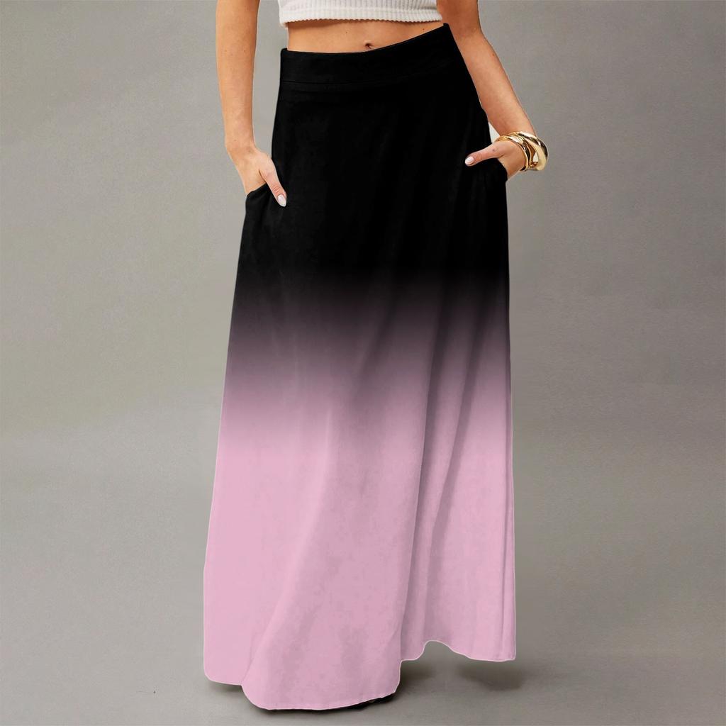 Damen Lässig Freizeit Faltbar Farbverlauf Druck Hohe Taille Mit Tasche Drapierter Entspannter Langer Maxi Rock