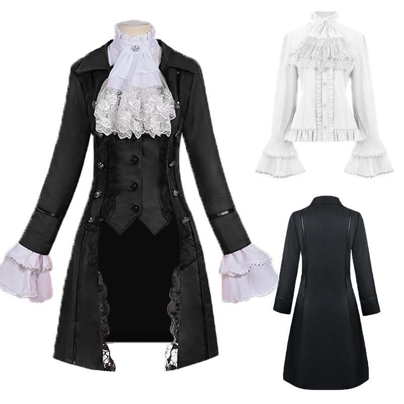 European & American Women's Medieval Lace Spliced Trench Coat Costume Set