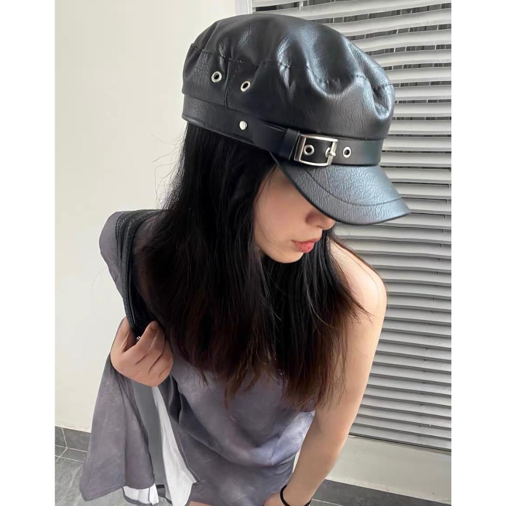 Hot Women'S Trendy Beret Harajuku Gothic Lolita Punk Cap Pu Leather Flat Top Versatile Beret Retro Flat Tops Visor Newsboy Cap