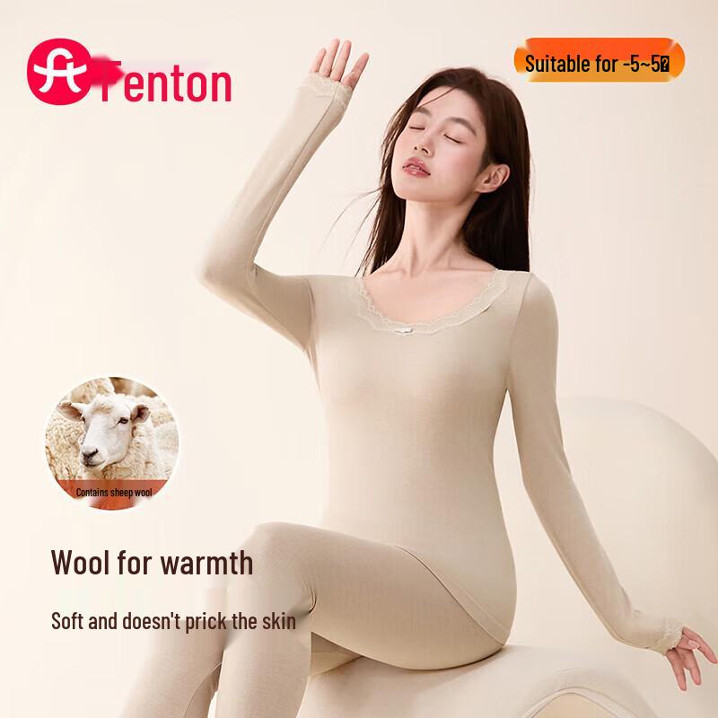 Fenteng Women's Lace-Trimmed Lamb Wool Thermal Underwear Set