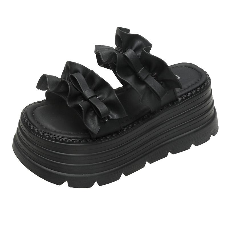 2025 New Niche Design Pleated Lace Thick Bottom One-word Drag Cool Slippers for Summer Wear