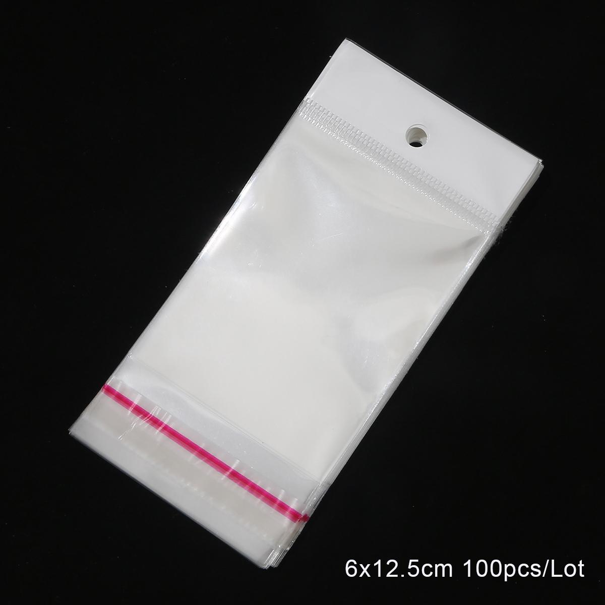 

100PcsTransparent Self Adhesive Plastic Storage Bag OPP Pack Bag With Hang Hole Роздрібна упаковка 02 6x12.5cm