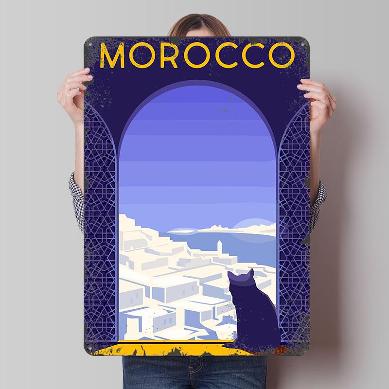 

Morocco Travel With Cat Printed Poster Customized Wall Art Retro Vintage Metal Tin Signs for Bedroom Decoration Room Decor Men 20x30cm（7.8x11.8inch）