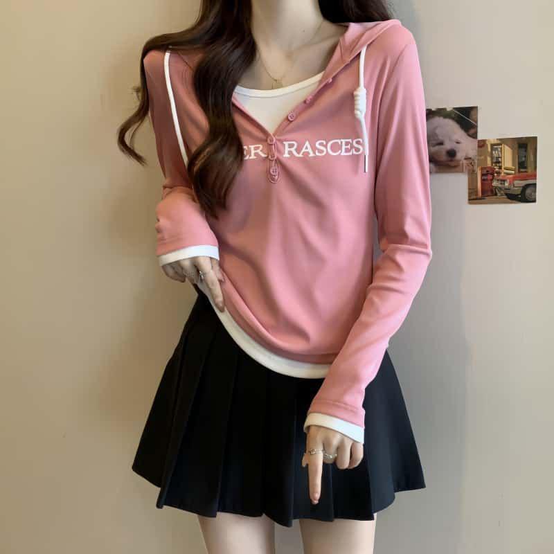 

Plus Size Women s Hooded Drop Shoulder Faux Two-Piece T-Shirt with Cinched Waist and Long Sleeves XL розовый