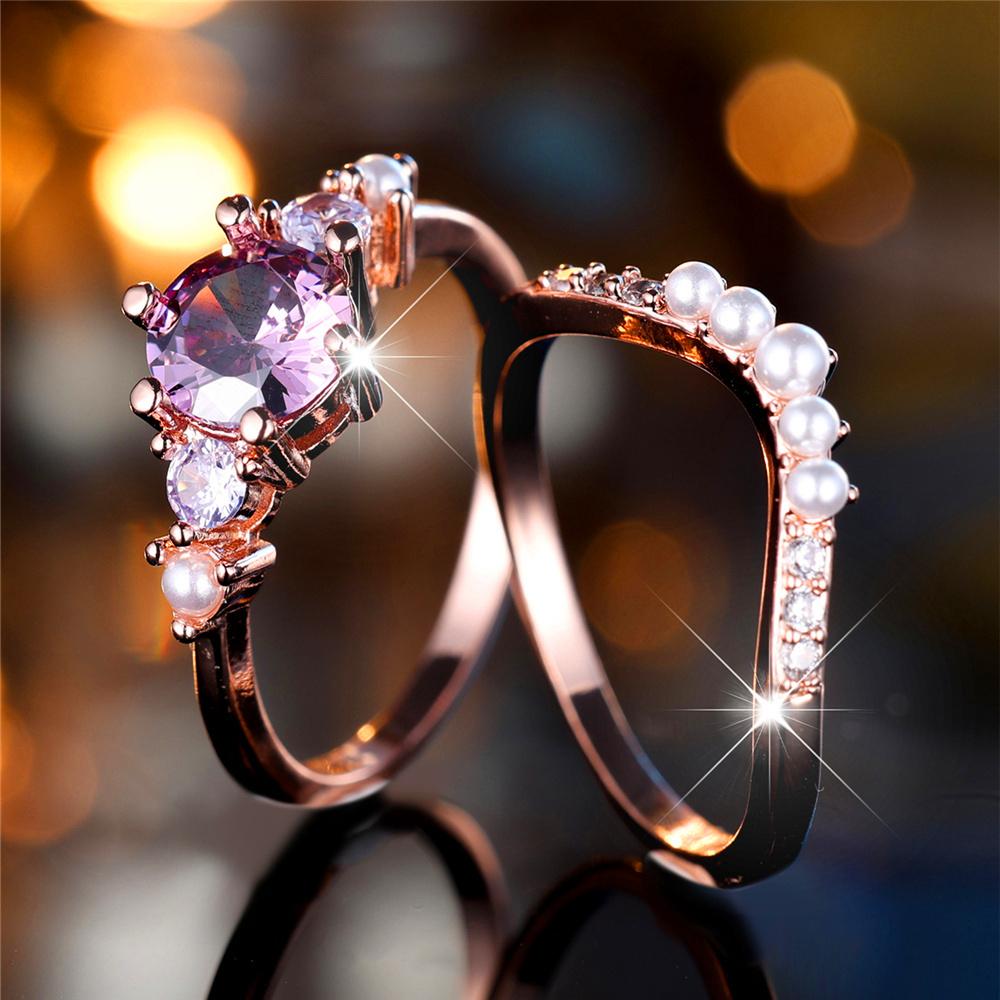 Charm Female Rose Gold Color Purple Round Zircon Stone Engagement Ring Set Vintage Bridal Wedding Bands Party Jewelry For Women