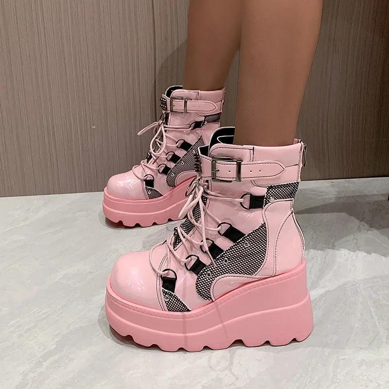 Fashion Slope and Knight Boots for Women 2025 New European and American Plus Punk Style Handsome Thick Bottom Mid Top Women's Boots