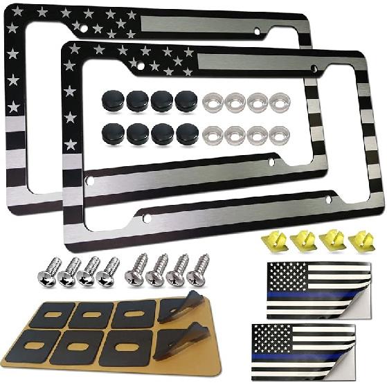 American Flag License Plate Frames - 2 Pack Black Stainless Steel Front Rear Car Tag Frames Printed With Patriotic USA Flag Pattern, With Decals
