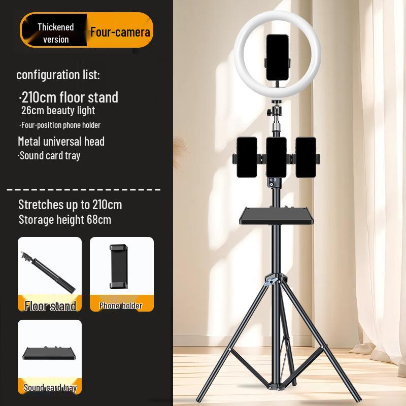 Dual-Position Carbon Steel Phone Stand with Fill Light for Outdoor Streaming
