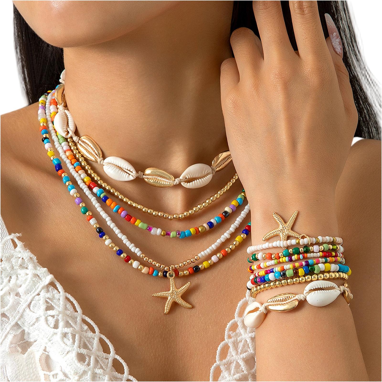 

Bohemian Beaded Woven Bracelet And Necklace Set One Size білий