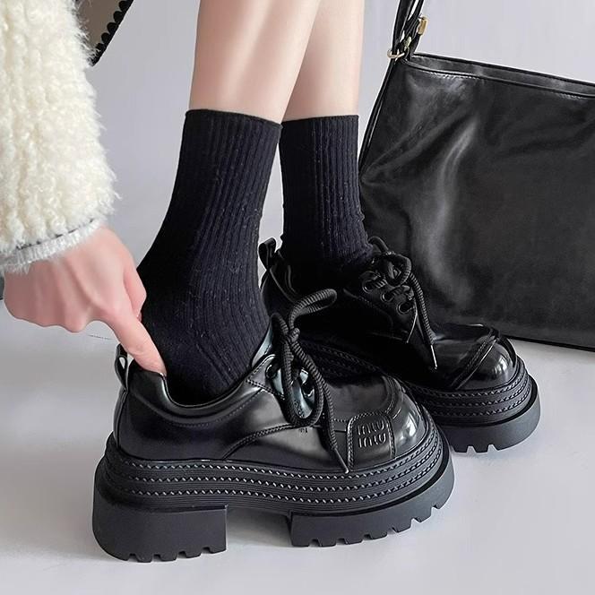 British Style Platform Loafers Women's 2025 Spring New Small Leather Shoes Lace-up Thick Heel Small Height Increase Single Shoe Trend