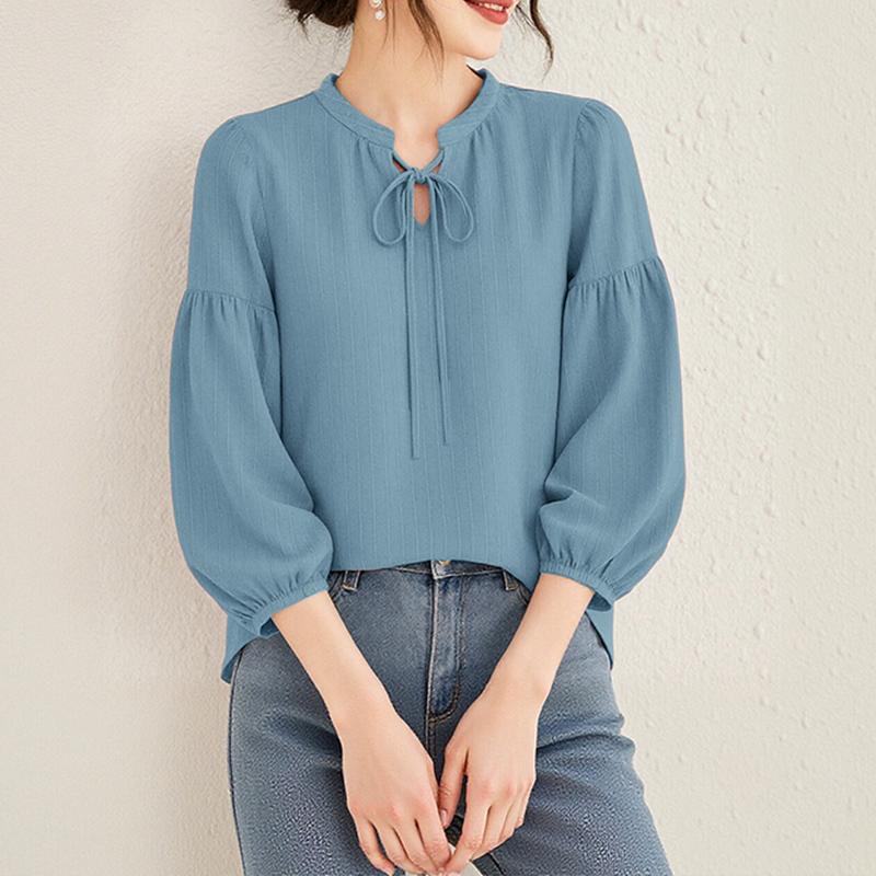 ZANZEA Damska codzienna luźna bluzka ze stójką i rękawami 3/4