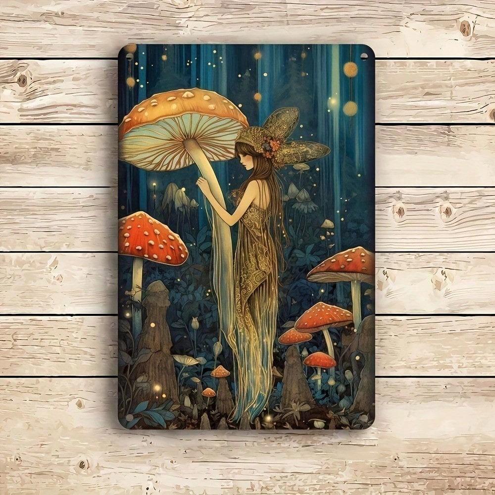 Enchanted Forest Fairies Metal Sign, Vintage Fantasy Mushrooms 2D Flat Wall Decor, Unframed Home Bar Decoration