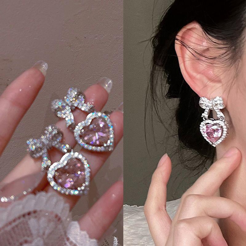 Exquisite Full Rhinestone Bow Earrings for Women Sparkling Crystal Love Heart Bowknot Drop Earring Girls Party Wedding Jewelry