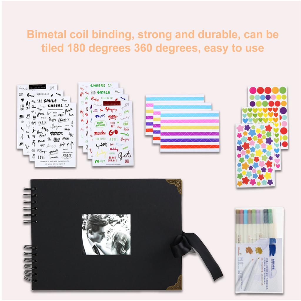 Scrapbook Album with Pen Stickers 40 Pages Black Meaningful DIY Handmade Photo Album Kit