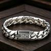 Retro Engraved Pattern Buckle S925 sterling silver Men Bracelet Wide Cuban Curb Chain Fashion Male Silver Wrist Jewelry