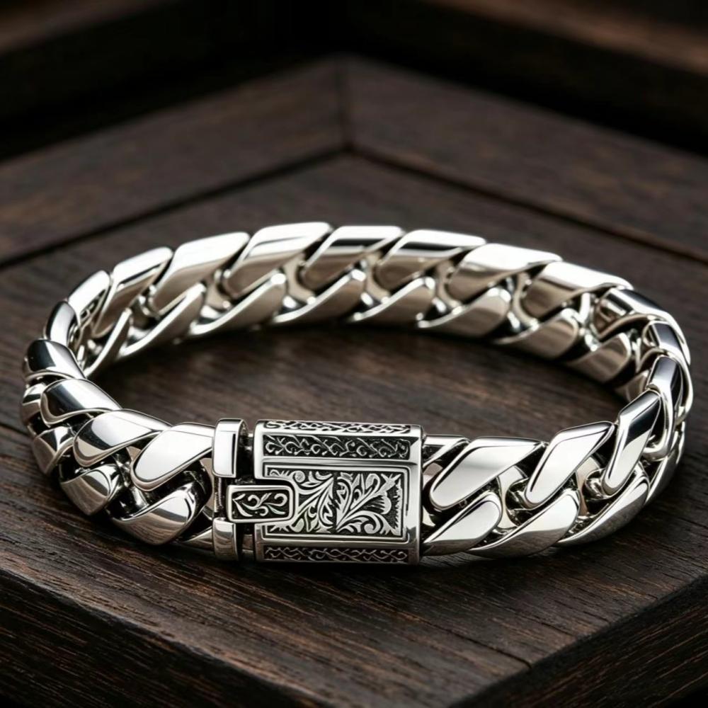 Retro Engraved Pattern Buckle S925 sterling silver Men Bracelet Wide Cuban Curb Chain Fashion Male Silver Wrist Jewelry
